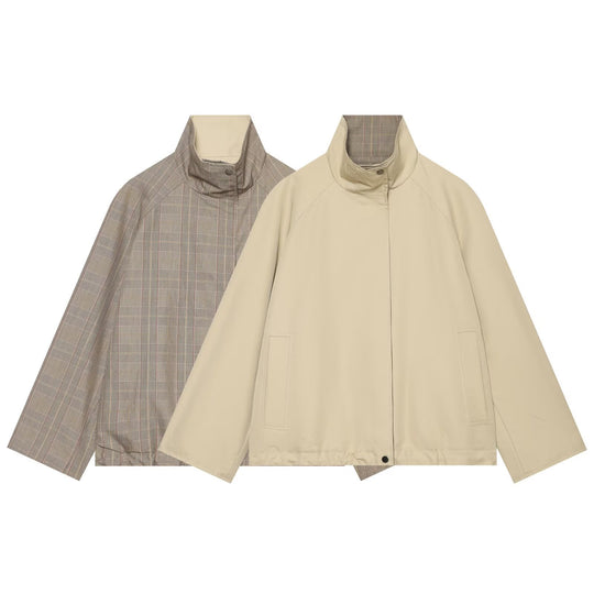 Damen Wendbare leichte Übergangsjacke mit Stehkragen, Raglanärmeln und Tunnelzugsaum Nord Taschen