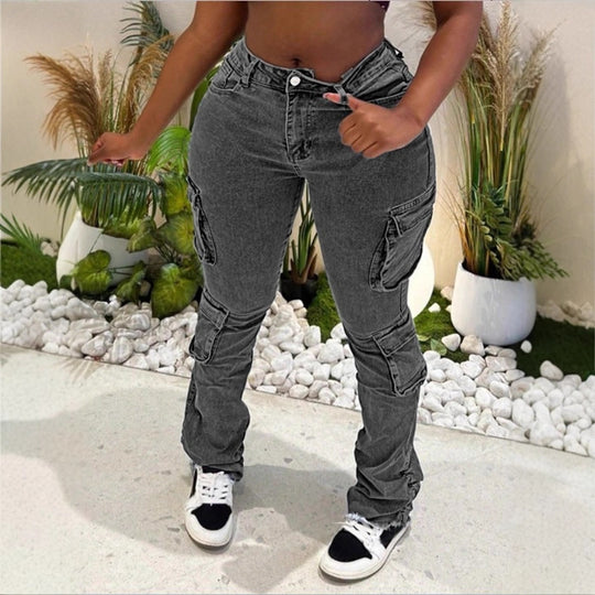 Damen Hochgeschnittene Cargo-Jeans mit mehreren Pattentaschen und ausgefranstem Saum Nord Taschen