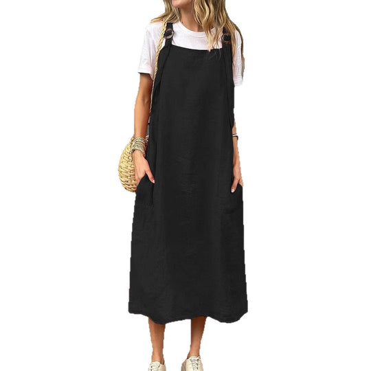 Damen lässiges Leinenkleid mit praktischen Taschen und verstellbaren Trägern