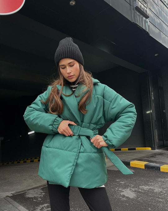 Damen Wattierte Taillierte Steppjacke mit Gürtel und Kapuze Nord Taschen
