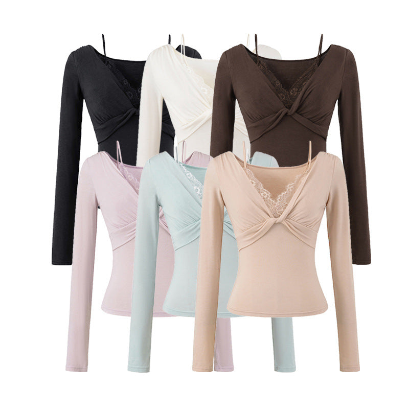 Damen Figurbetontes Langarm-Top mit Twist-Detail, Spitzeneinsatz und V-Ausschnitt Nord Taschen
