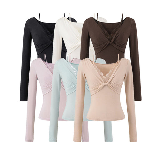 Damen Figurbetontes Langarm-Top mit Twist-Detail, Spitzeneinsatz und V-Ausschnitt Nord Taschen