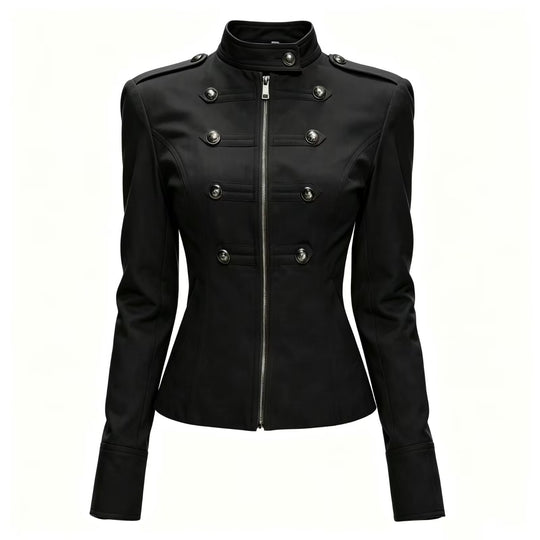 Damen Taillierte Military‑Inspired Jacke mit Stehkragen, Zierknopfreihe und Reißverschluss Nord Taschen