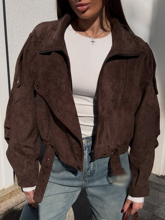 Damen Kurz geschnittene Wildleder-Bomberjacke mit Gürtel & Oversize-Ärmeln Nord Taschen