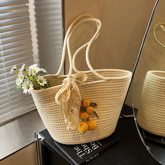 Damen Jute-Strandtasche mit dekorativen Blumen-Detail Nord Taschen