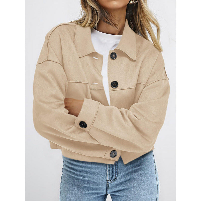 Damen kurze Wildleder-Optik Jacke mit aufgesetzten Taschen und Hemdkragen Nord Taschen