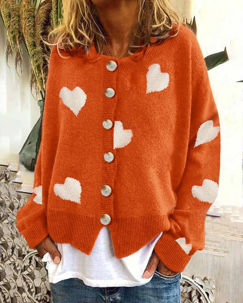 Damen Geknöpfter Oversize-Strickcardigan mit Herz-Jacquard und Perlmuttknöpfen Nord Taschen