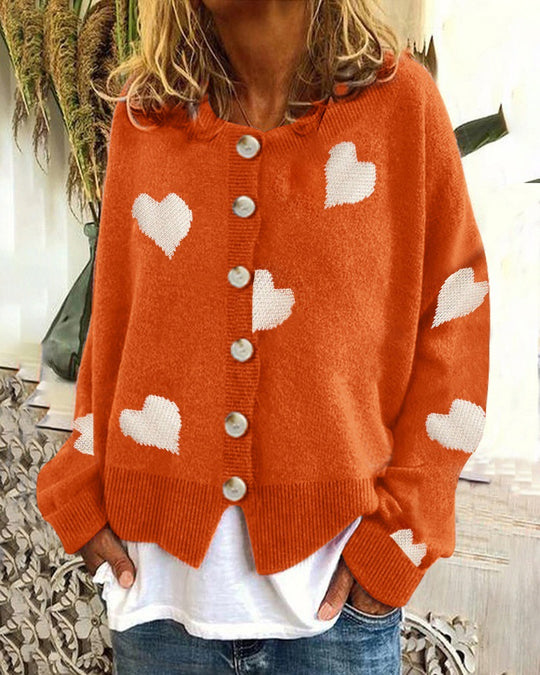 Damen Geknöpfter Oversize-Strickcardigan mit Herz-Jacquard und Perlmuttknöpfen Nord Taschen