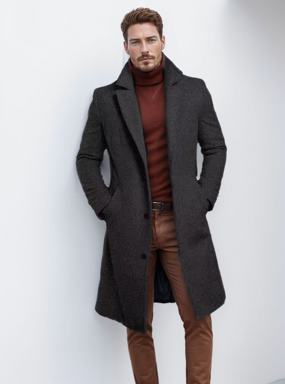Herren Langer taillierter Mantel mit breitem Revers und edler Wollmischung Nord Taschen