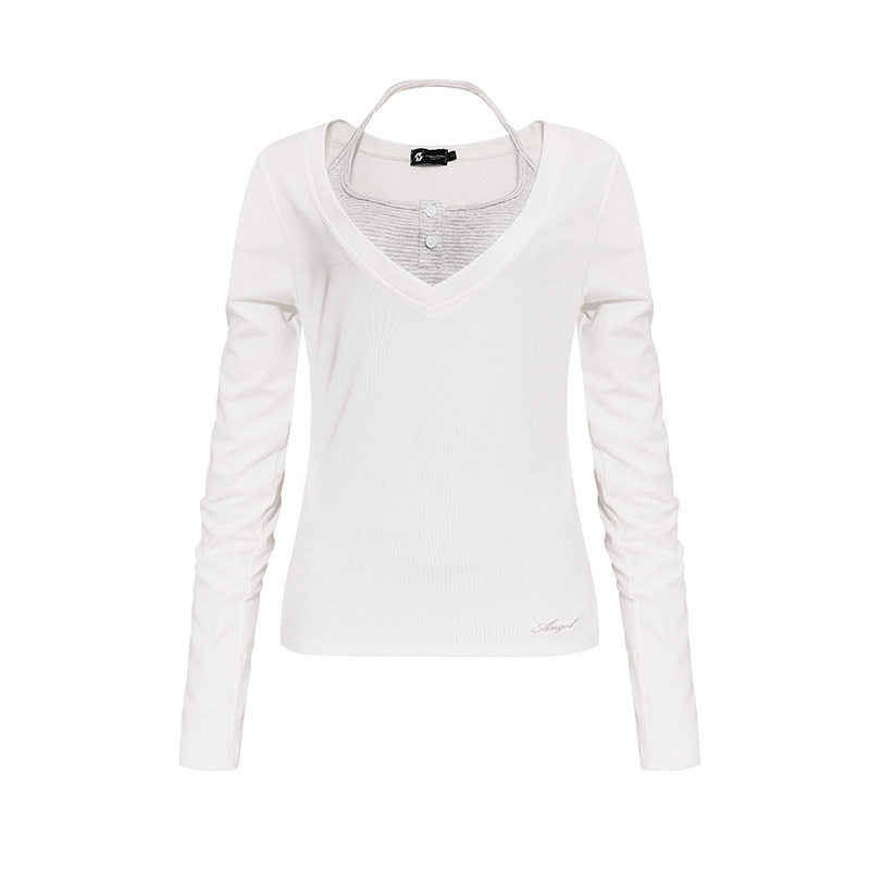 Damen Langarm-Shirt mit doppeltem Layer‑Effekt, tiefem V‑Ausschnitt und gestreiftem Einsatz Nord Taschen