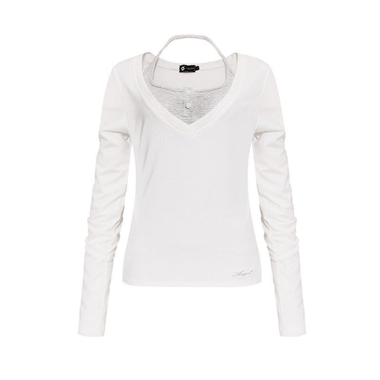 Damen Langarm-Shirt mit doppeltem Layer‑Effekt, tiefem V‑Ausschnitt und gestreiftem Einsatz Nord Taschen
