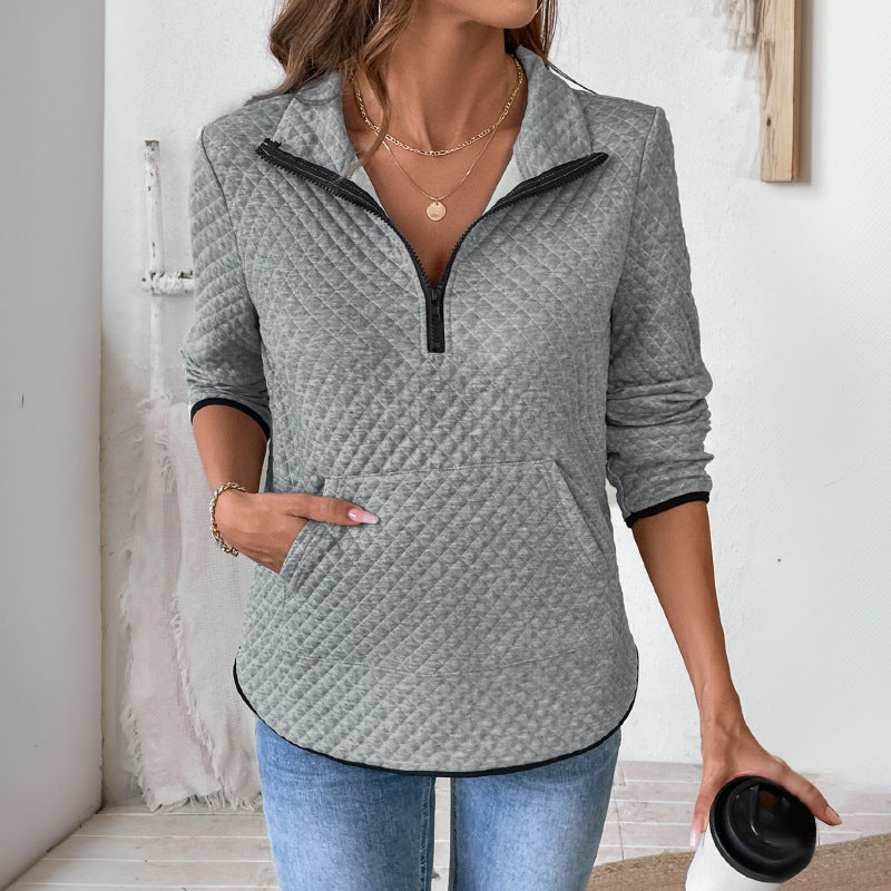 Damen Stepp-Sweatshirt mit halbem Reißverschluss, Stehkragen und Kängurutasche Nord Taschen