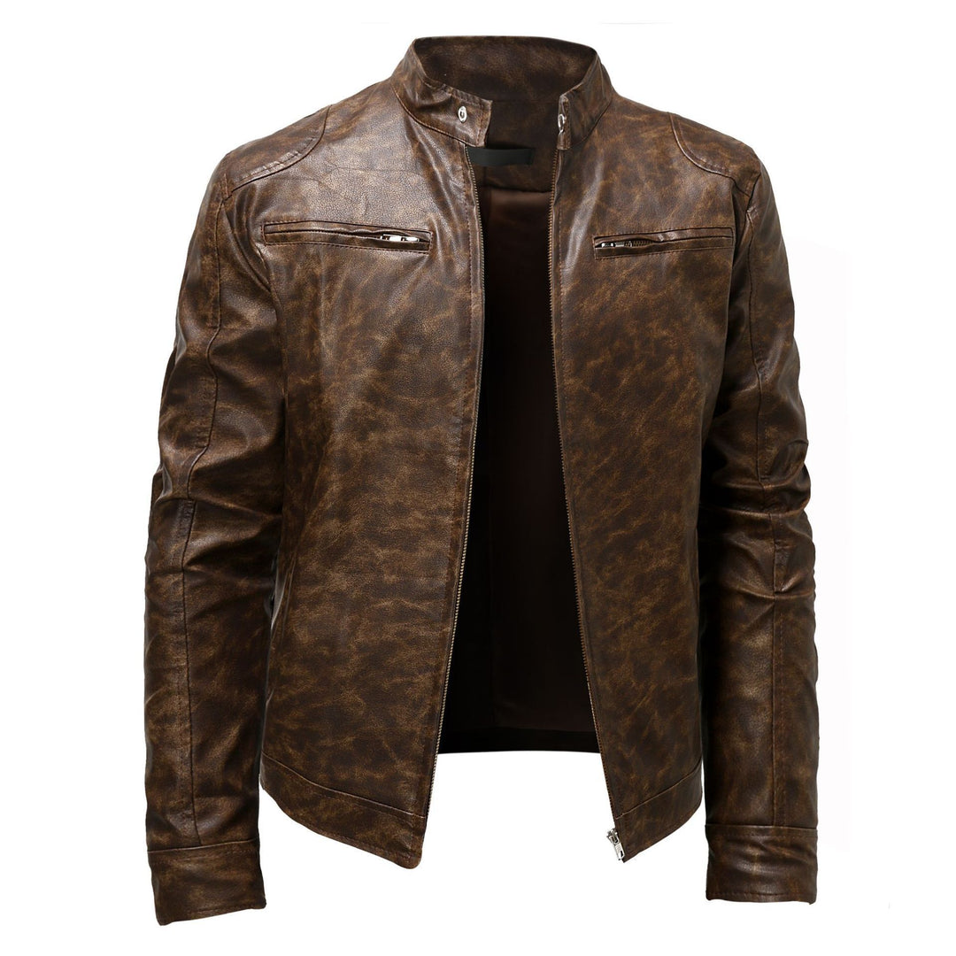 Herren Lederjacke im Vintage‑Look mit Stehkragen und Reißverschluss-Details Nord Taschen