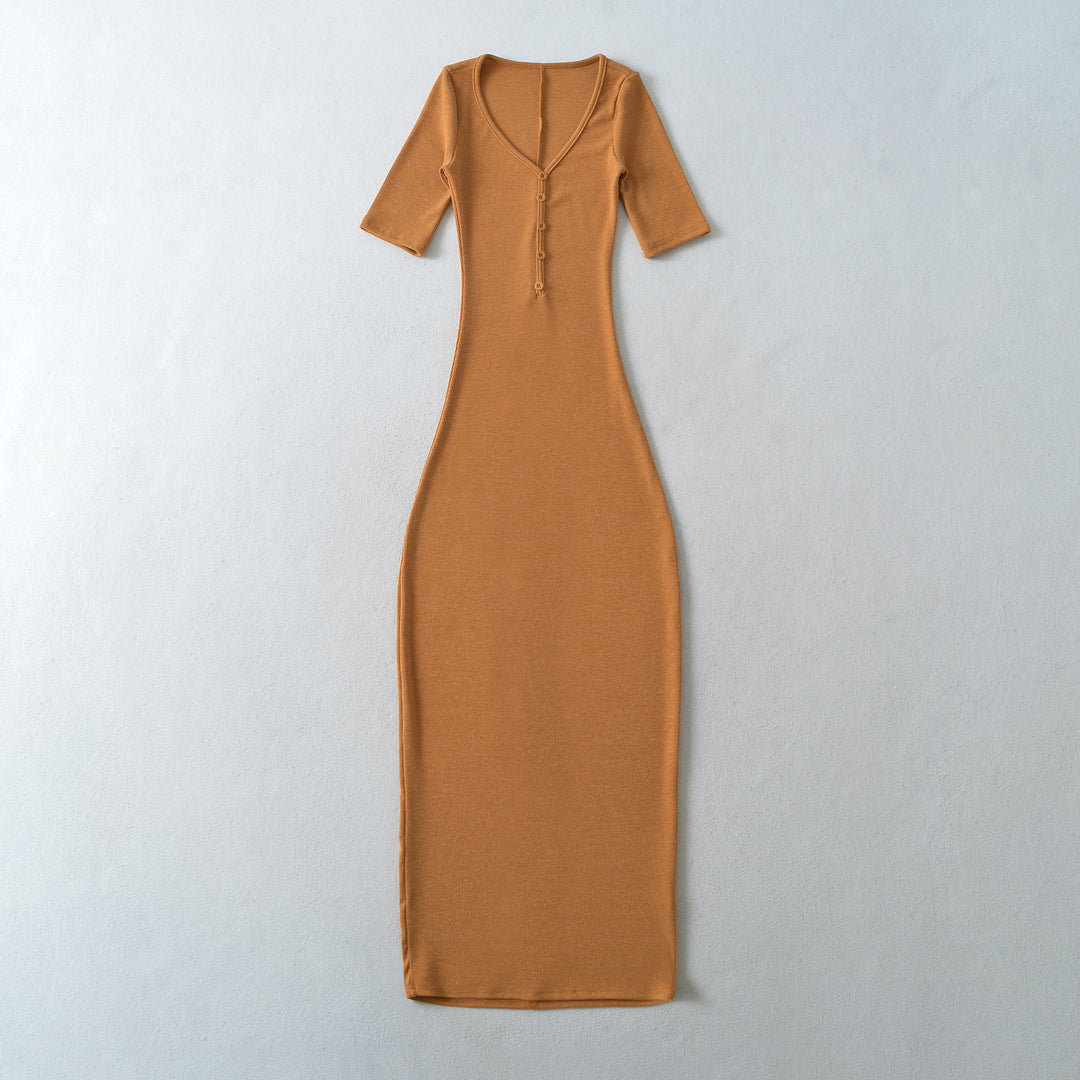Damen Figurbetontes Midikleid aus Rippstrick mit Knopfleiste und halblangen Ärmeln Nord Taschen