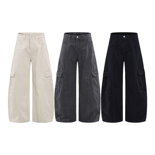 Damen Extraweite Hochtaillierte Cargo-Palazzo-Hose aus Baumwoll-Twill mit Pattentaschen Nord Taschen