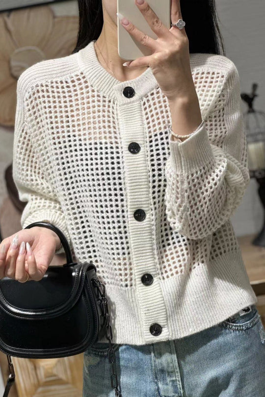 Damen Lockerer Mesh‑Cardigan mit Gitter‑Ajour, Rundhalsausschnitt und Knopfleiste Nord Taschen