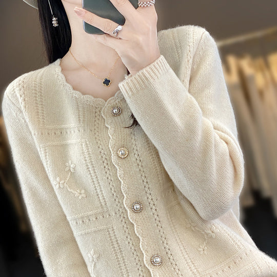 Damen Verzierter Strickcardigan mit Perlenknöpfen und Ajour‑Stickerei Nord Taschen