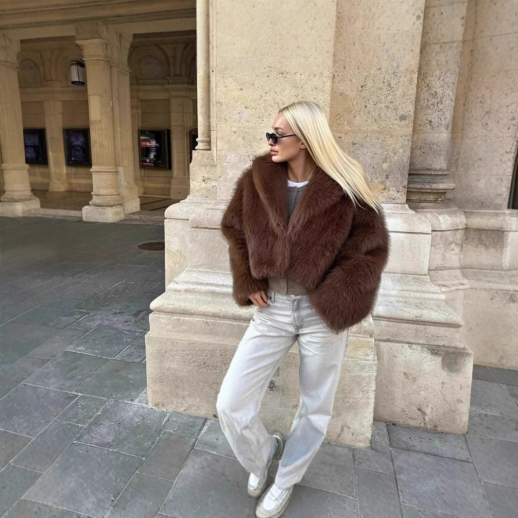 Damen Kurzer Boxy Kunstpelz‑Blouson mit voluminösem Schalkragen Nord Taschen