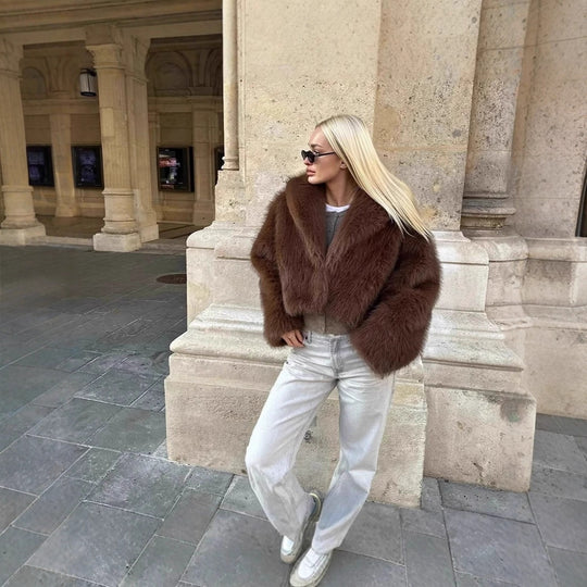 Damen Kurzer Boxy Kunstpelz‑Blouson mit voluminösem Schalkragen Nord Taschen