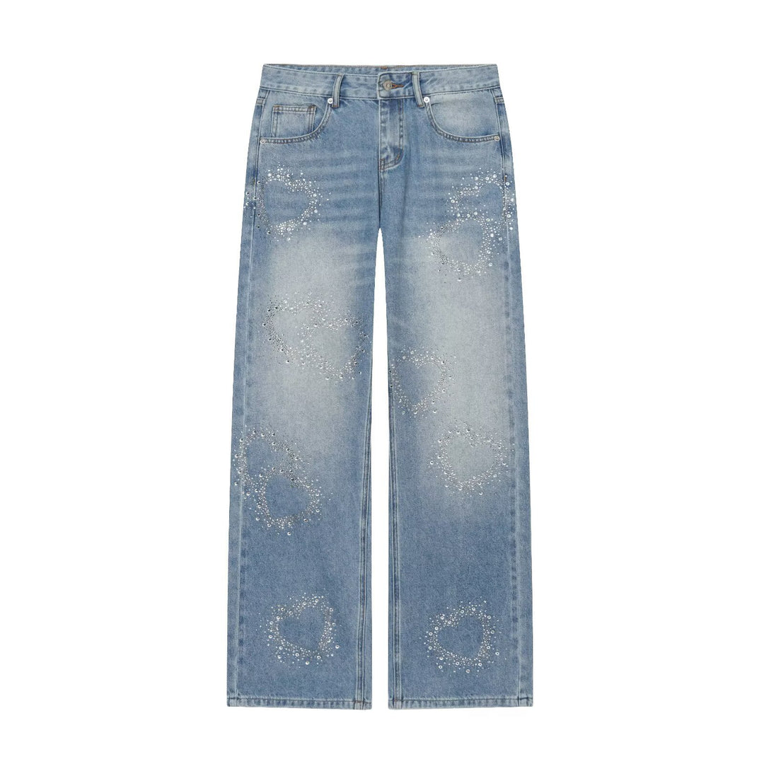 Damen Weite Highwaist-Jeans mit geradem Bein und Herz-Strassbesatz Nord Taschen