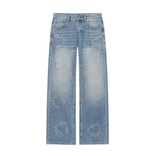 Damen Weite Highwaist-Jeans mit geradem Bein und Herz-Strassbesatz Nord Taschen