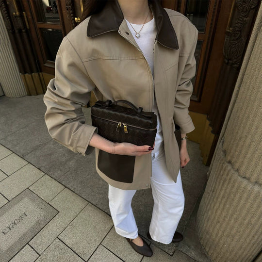 Damen Boxy-Fieldjacke mit kontrastkragen in Lederoptik und aufgesetzten Taschen Nord Taschen
