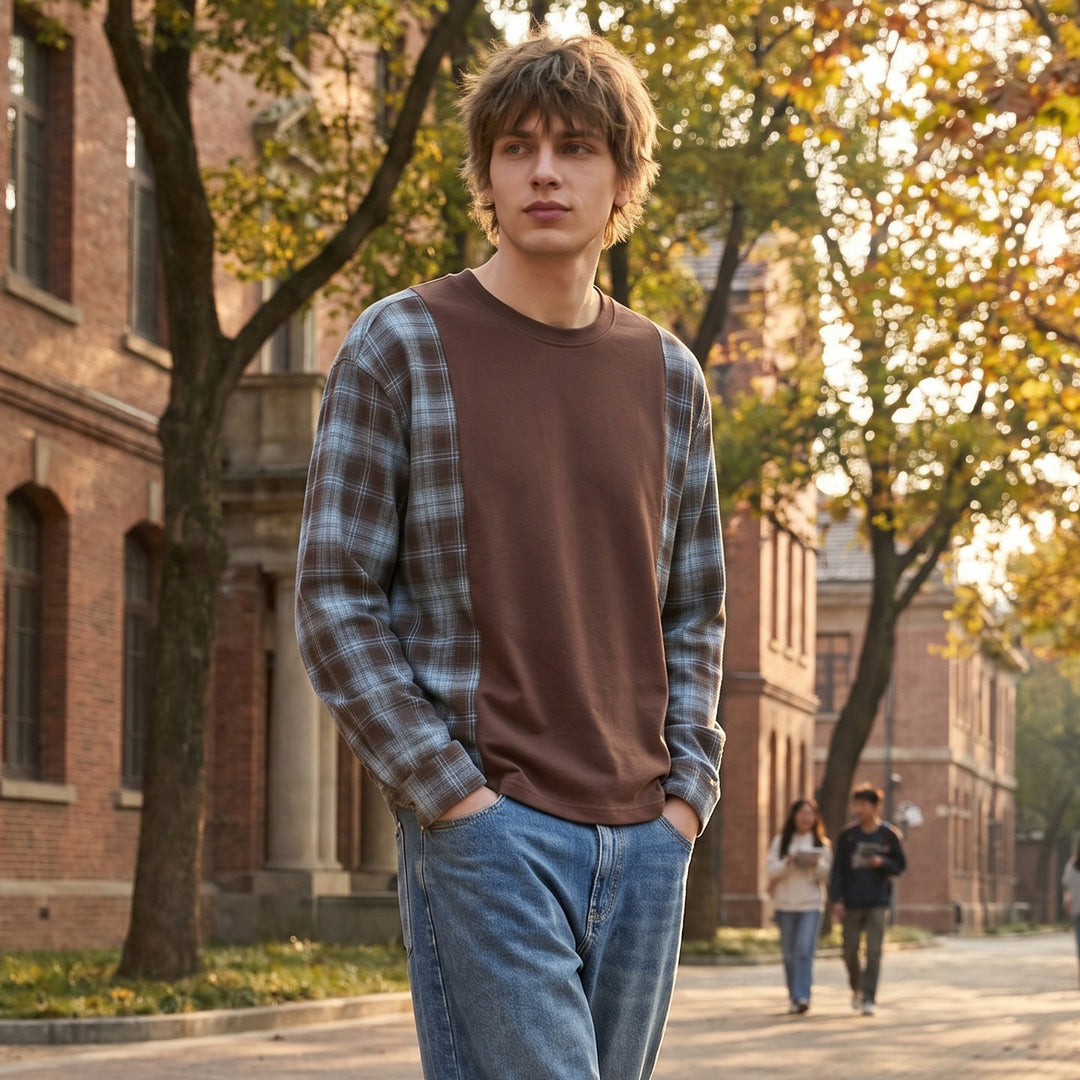 Herren Langarmshirt im Lagenlook mit karierter Flanell-Einsätzen Nord Taschen