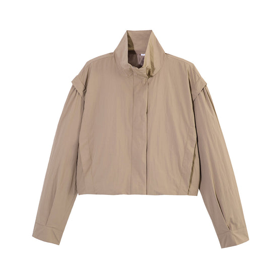 Damen Kurze Cropped-Übergangsjacke mit Stehkragen, geraffter Schulterpasse und Ballonärmeln Nord Taschen