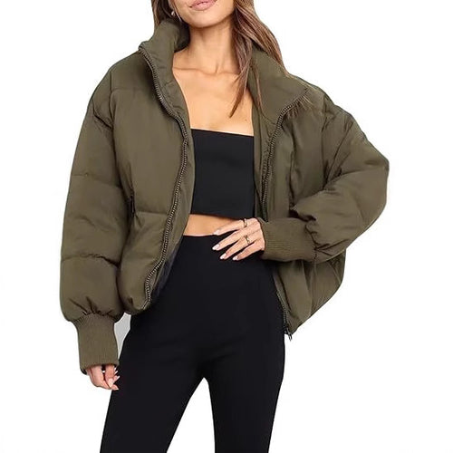 Damen Kurz geschnittene Stepp-Winterjacke mit Stehkragen, Reißverschluss und Rippbündchen Nord Taschen