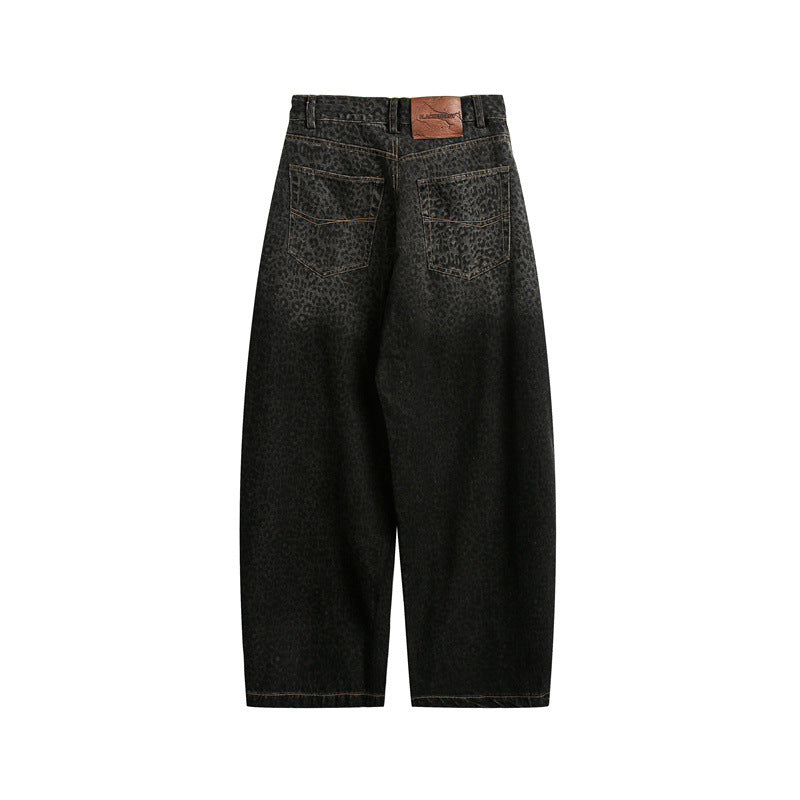 Damen Kurzgeschnittene Weite Jeans mit hoher Taille und Leopardenmuster Nord Taschen