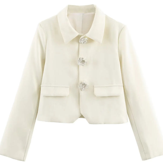Damen Eleganter Cropped-Blazer mit floralen Strassknöpfen und Pattentaschen Nord Taschen