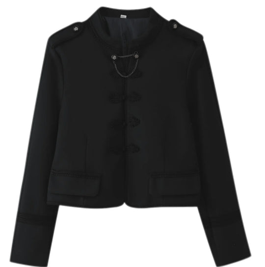 Damen 300+ taillierte Cropped‑Militärblazerjacke mit Stehkragen, Schulterpatten und dekorativen Froschverschlüssen Nord Taschen