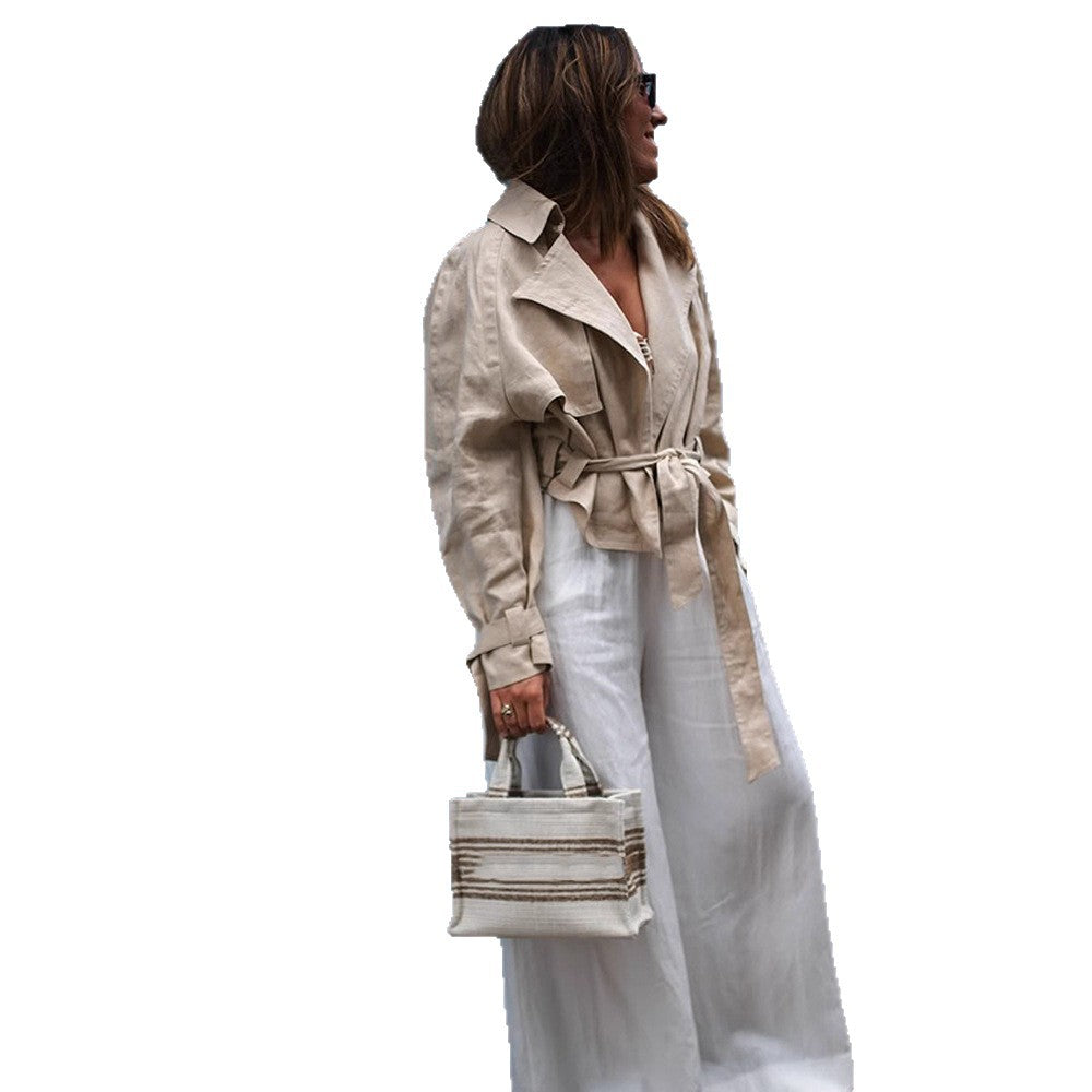 Damen Kurztrench mit Taillen-Knotendetail, Cape-Ärmeln und kastigem Cropped-Schnitt Nord Taschen