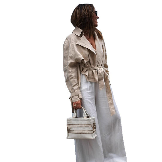 Damen Kurztrench mit Taillen-Knotendetail, Cape-Ärmeln und kastigem Cropped-Schnitt Nord Taschen