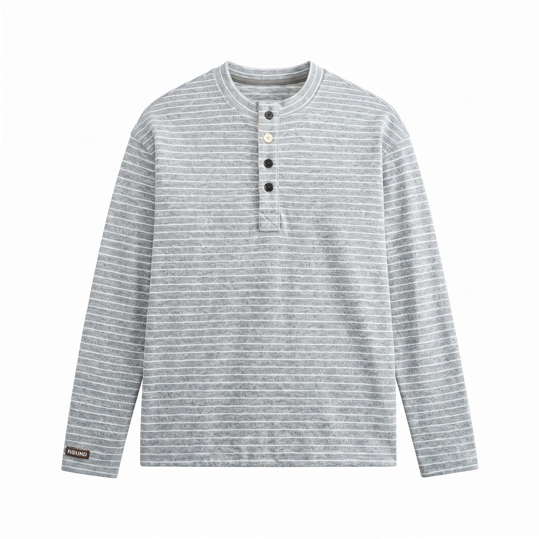 Herren Feinstrick-Henleyshirt mit kurzem Knopfleiste und horizontalem Streifenmuster Nord Taschen