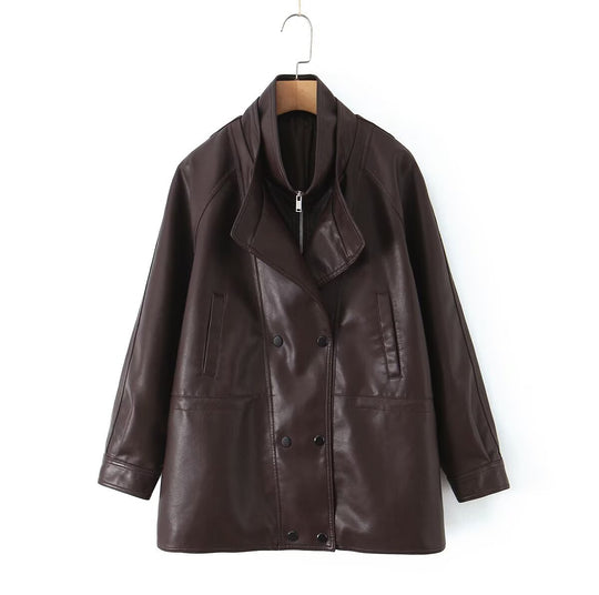 Damen Oversized Kunstlederjacke mit hohem Stehkragen und doppelreihiger Knopfleiste Nord Taschen