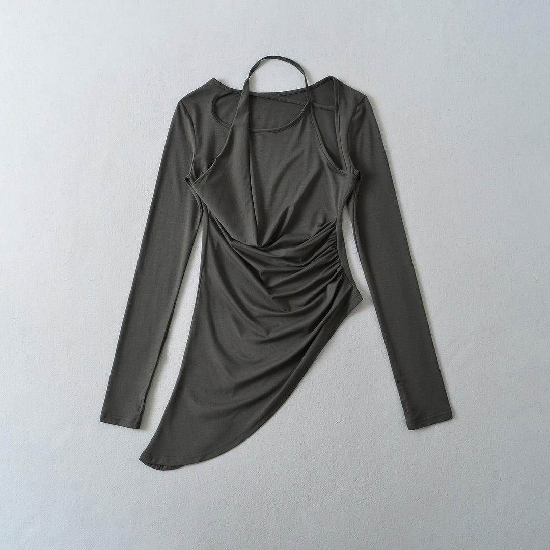 Damen Figurbetontes Langarm-Midikleid mit asymmetrischem Saum, Raffung und Neckholder Nord Taschen
