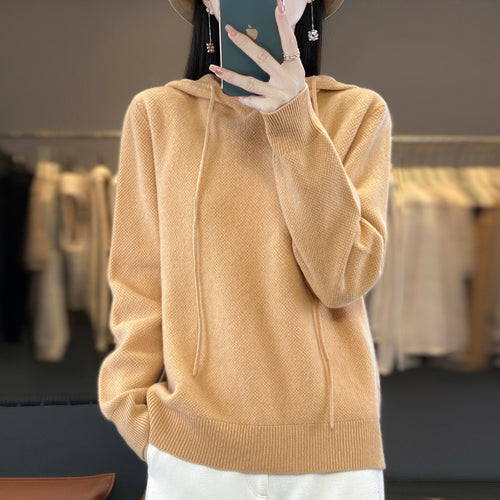Damen weicher Feinstrick‑Kapuzensweater mit melierter Struktur und gerippten Bündchen Nord Taschen