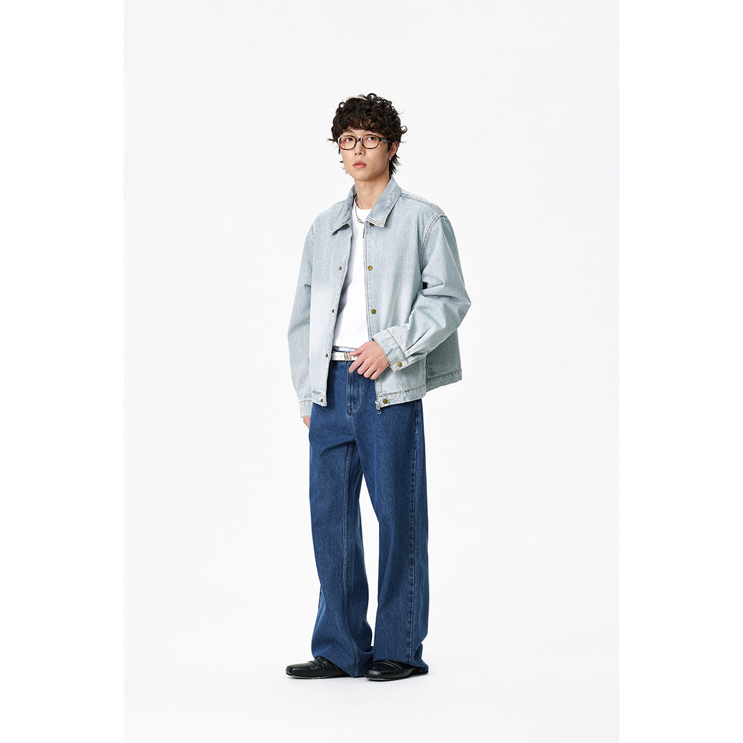 Unisex Gestreifte Oversize-Denimjacke im Worker-Stil mit Stehkragen und Zwei-Wege-Reißverschluss Nord Taschen