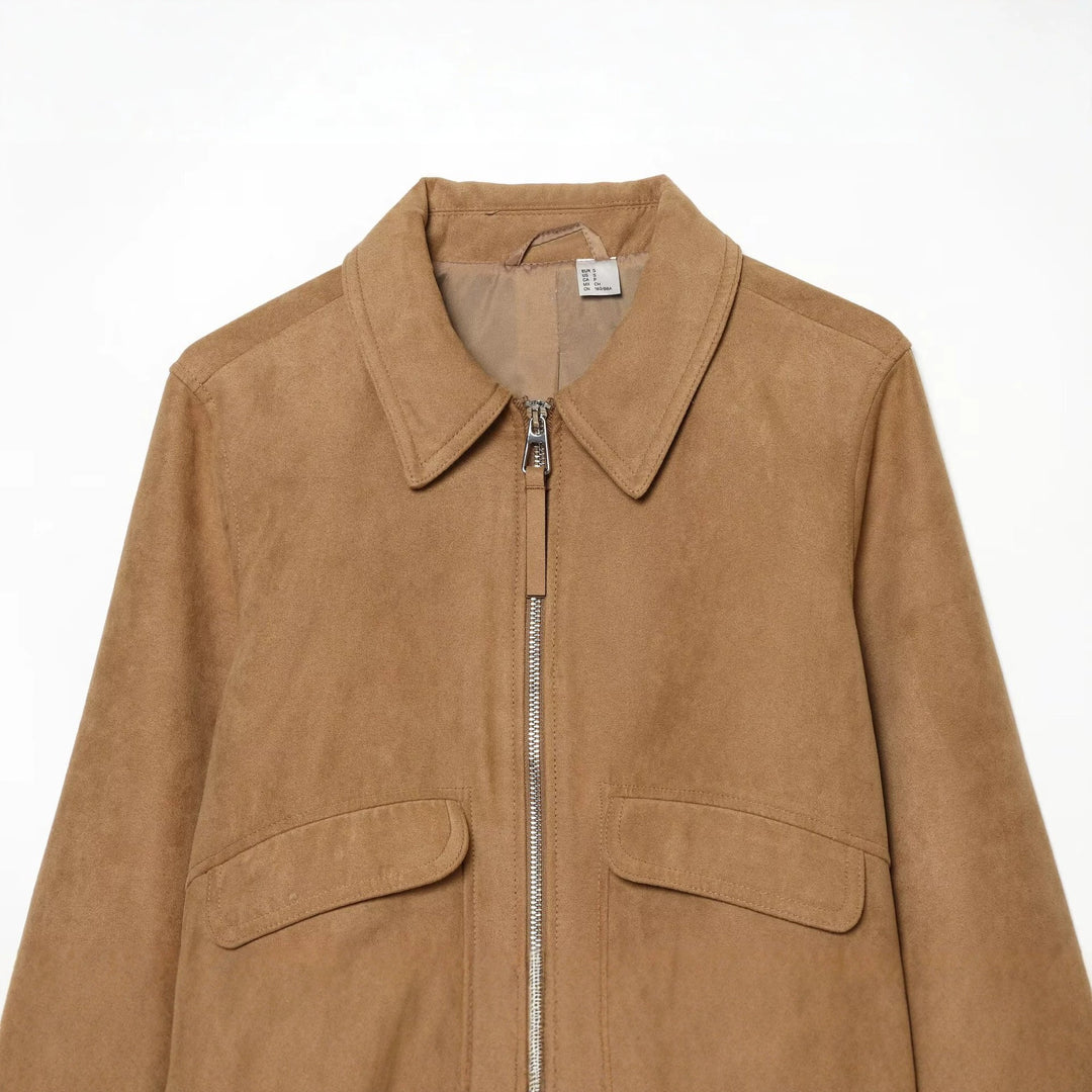 Damen Kurzer Veloursleder‑Blouson im Boxy‑Schnitt mit Hemdkragen, Klappentaschen und breitem Rippbund Nord Taschen