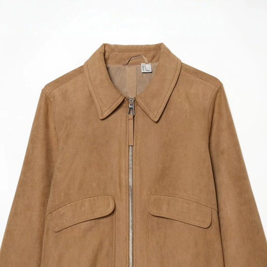 Damen Kurzer Veloursleder‑Blouson im Boxy‑Schnitt mit Hemdkragen, Klappentaschen und breitem Rippbund Nord Taschen
