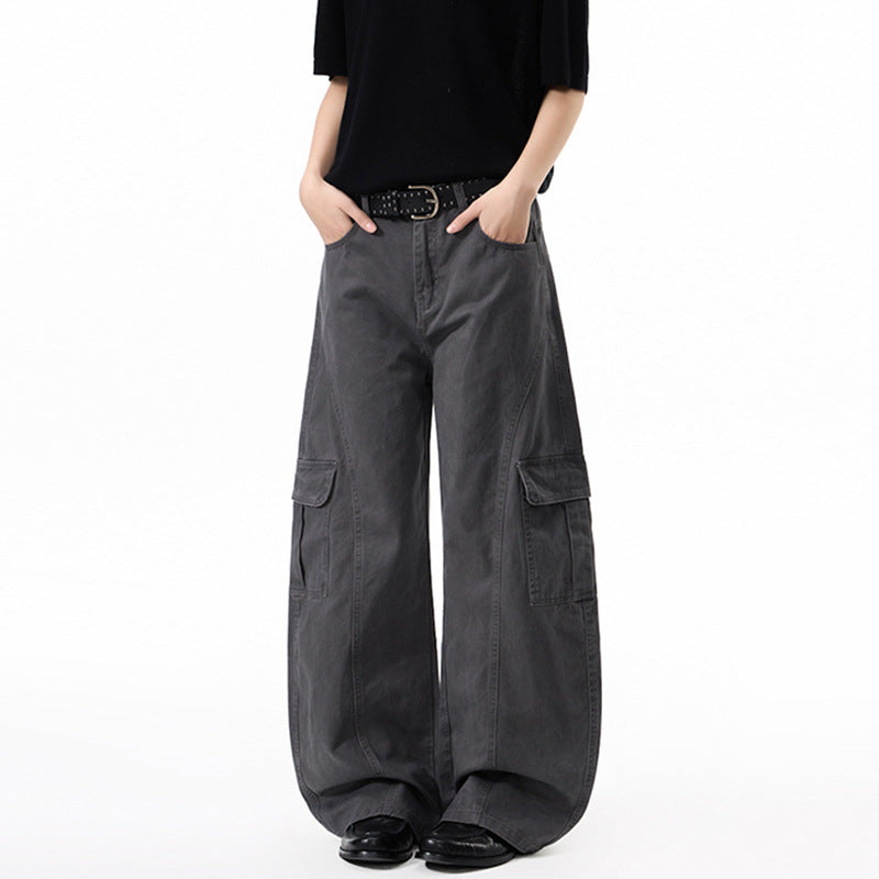 Damen Extraweite Hochtaillierte Cargo-Palazzo-Hose aus Baumwoll-Twill mit Pattentaschen Nord Taschen