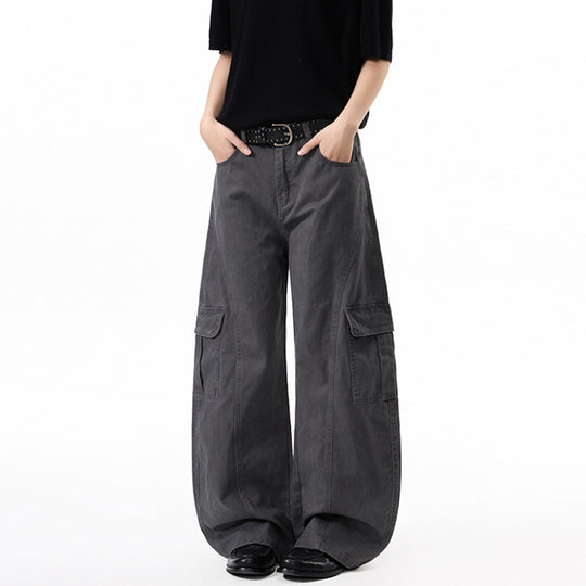 Damen Extraweite Hochtaillierte Cargo-Palazzo-Hose aus Baumwoll-Twill mit Pattentaschen Nord Taschen
