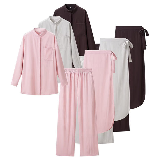 Damen Dreiteiliges Relax-Loungewear-Set mit Stehkragen, elastischer Highwaist-Hose und Wickelrock Nord Taschen