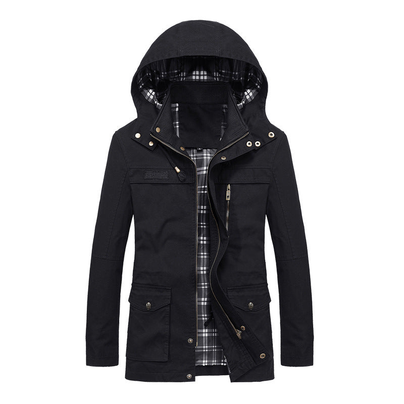 Herren Canvas-Fieldparka mit Kapuze, kariertem Innenfutter und Multifunktionstaschen Nord Taschen