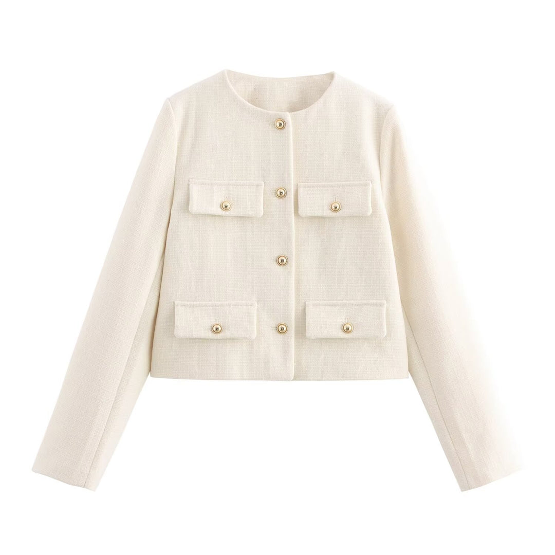 Damen Kurze Bouclé-Blazerjacke mit Rundhalsausschnitt, Zierleistentaschen und goldfarbenen Knöpfen Nord Taschen