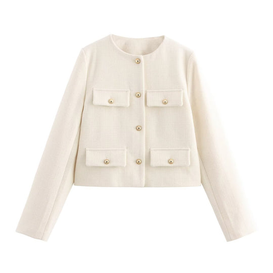 Damen Kurze Bouclé-Blazerjacke mit Rundhalsausschnitt, Zierleistentaschen und goldfarbenen Knöpfen Nord Taschen