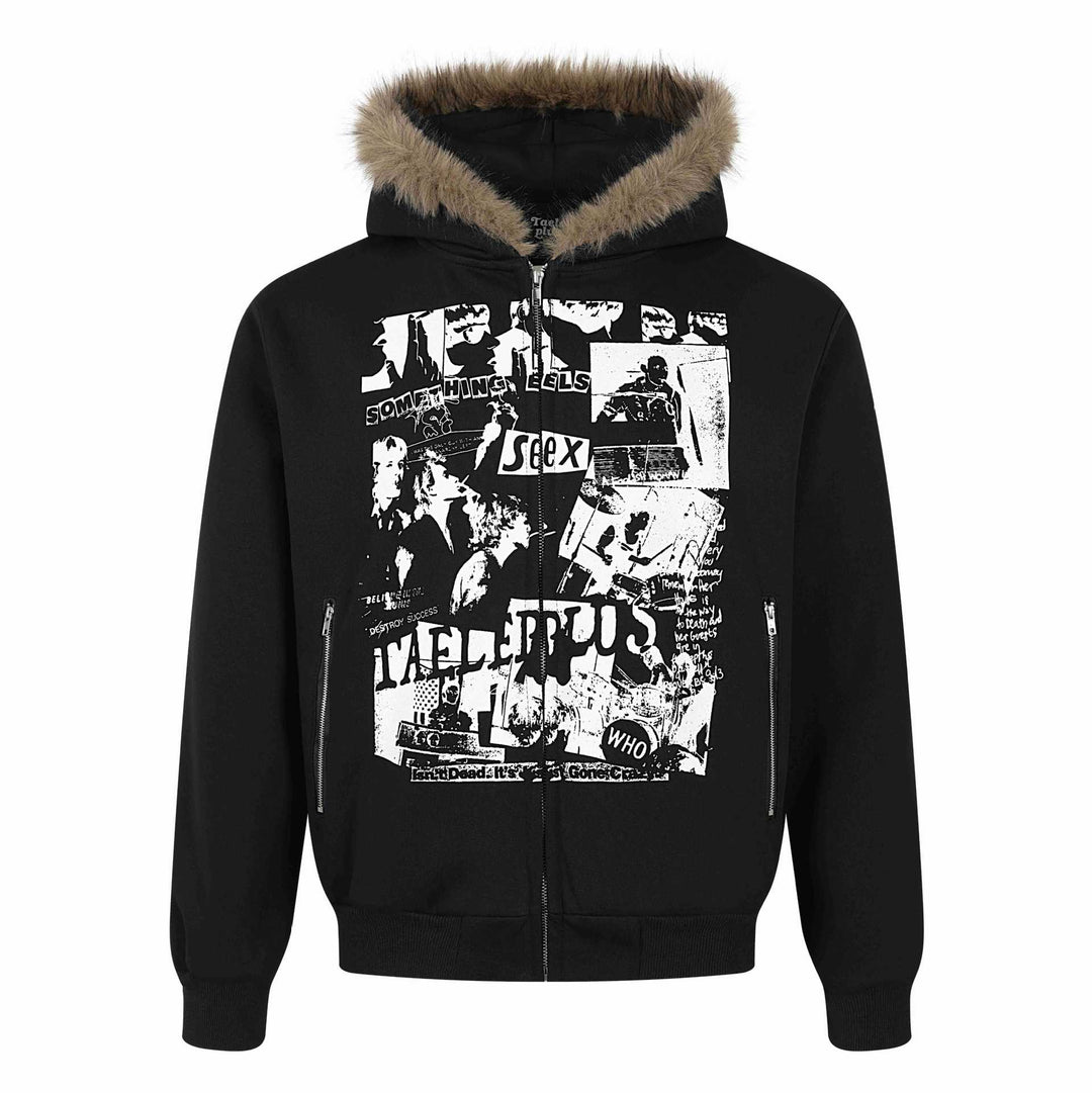 Damen Kapuzen‑Sweatjacke mit Kunstfellbesatz, Frontzip und Collage‑Print Nord Taschen