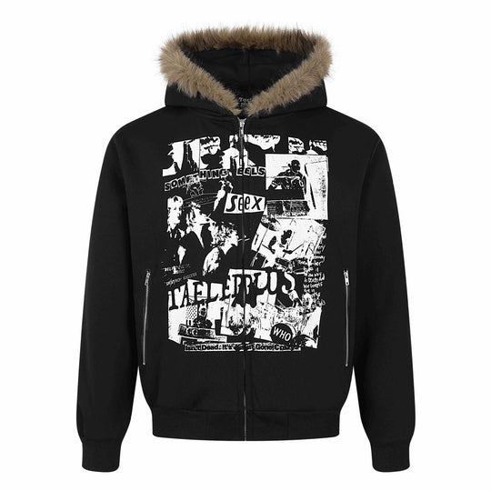 Damen Kapuzen‑Sweatjacke mit Kunstfellbesatz, Frontzip und Collage‑Print Nord Taschen