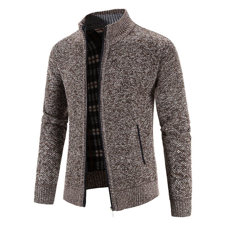 Herren Strickjacke mit durchgehendem Reißverschluss, Stehkragen und kariertem Futter Nord Taschen